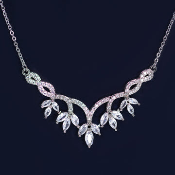 Dainty Dancing Leaves Drop V Necklace Set, Long Bridal Jewelry, Bridal Earrings And Necklace, Statement Earrings Cz Necklace Set.